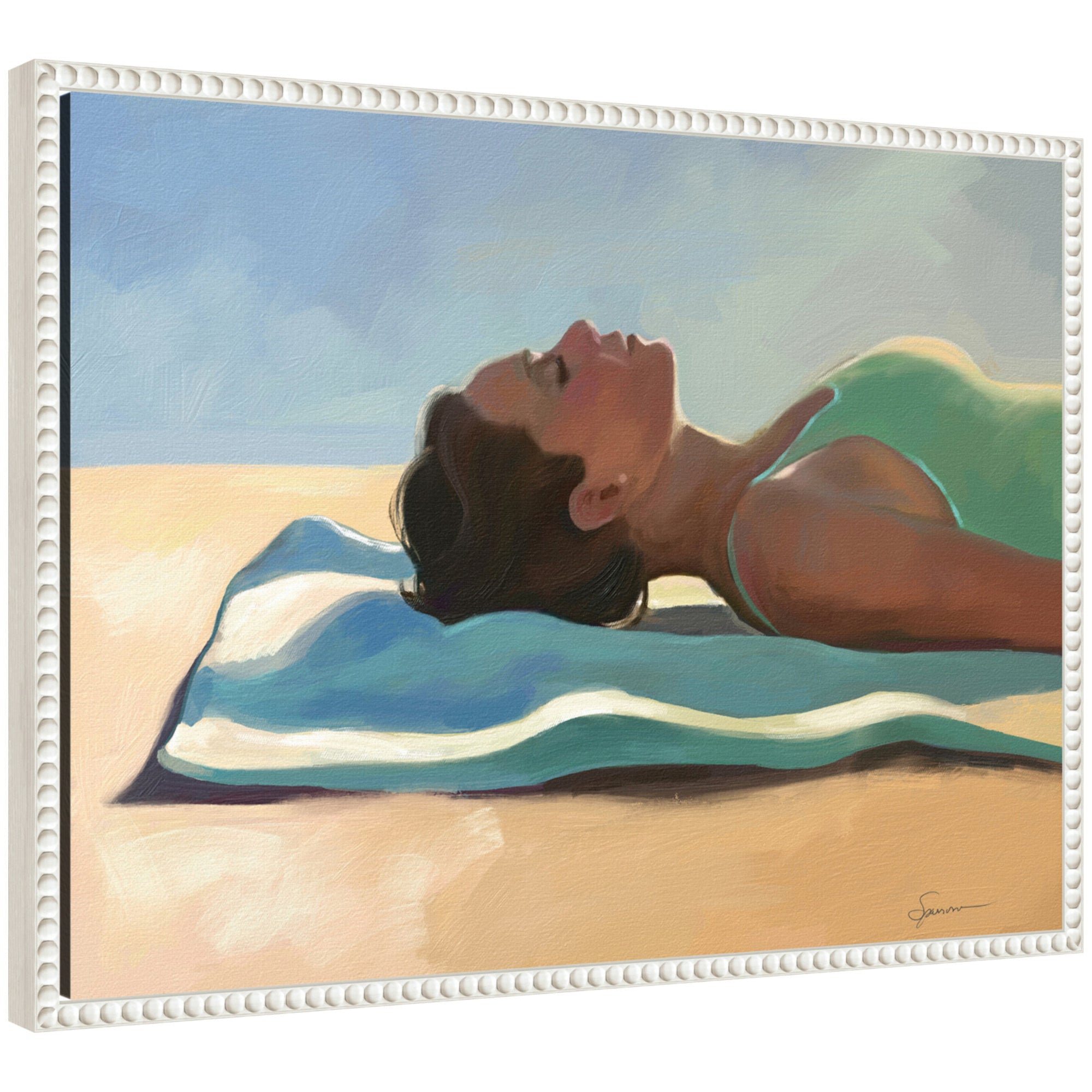 Vitamin D by Mary Sparrow framed canvas wall art print showing a coastal themed design in a white beaded frame