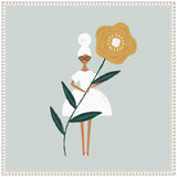 Minimalist illustration of a woman in a white dress and glasses holding a large golden-yellow flower with dark green leaves against a pale gray background