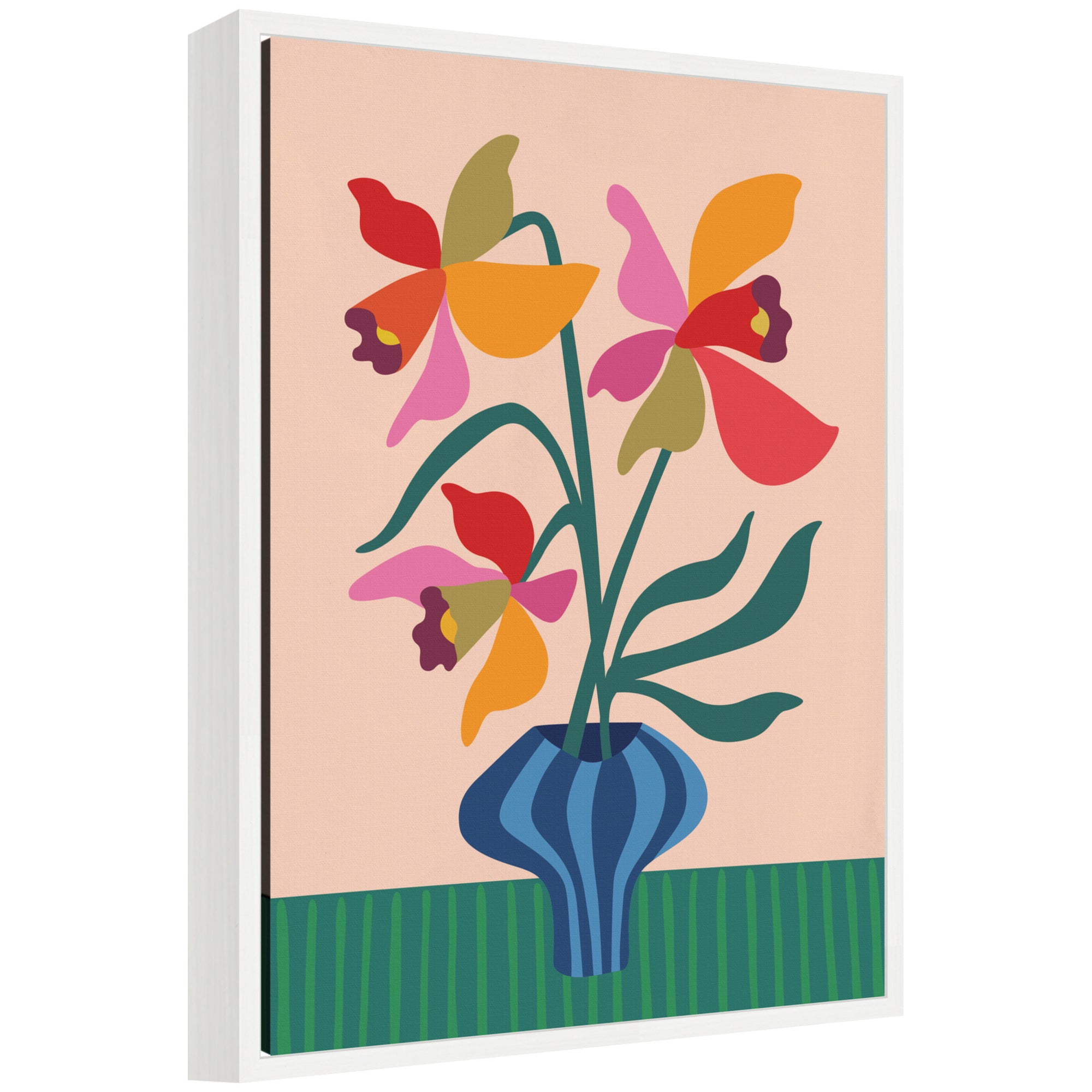 Framed canvas art 'Sylvie Daffodils and Vase' featuring abstract yellow flowers in a vase on a floating gallery-wrapped canvas with modern polystyrene frame.