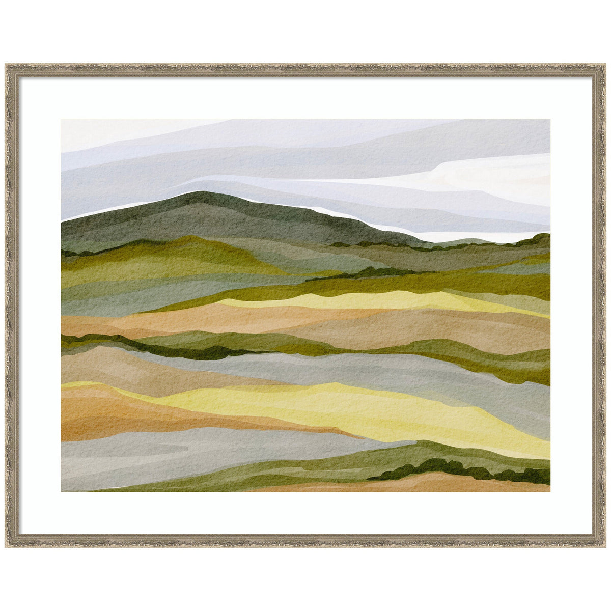 Abstract layered landscape painting with gentle hills in muted greens, yellows, browns, and blues under a soft, cloudy sky, framed in light wood.
