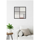 Framed abstract painting with gray, white, black lines, and a small red rectangle, hung above a white sofa with beige cushions and a wooden side table with a green plant.