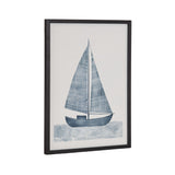 Minimalist blue sailboat print with striped sails above stylized wave patterns in a simple black frame on white background.