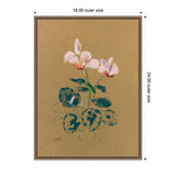 Delicate pink cyclamen flowers with green leaves on brown background, framed with a decorative gold border, measuring 18 by 24 inches.