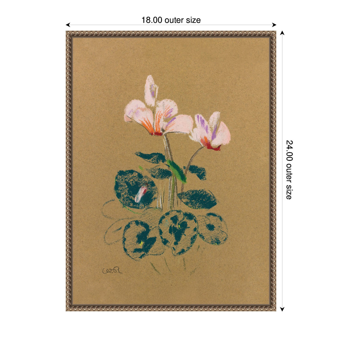 Delicate pink cyclamen flowers with green leaves on brown background, framed with a decorative gold border, measuring 18 by 24 inches.