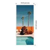 A large bison lying beside a turquoise swimming pool with two tall palm trees and an orange wall in the background under a clear blue sky.
