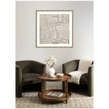 Square abstract wall art featuring beige and taupe tones with black linear geometric shapes, hung above two dark olive armchairs and a round wooden coffee table with white vase and decor.