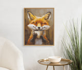 Framed painting of a content fox holding a steaming cup, with closed eyes and warm brown and orange tones, hanging above a brass side table and plant.