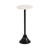 Small round side table with scalloped white marble top and slender black metal pedestal base flaring out at the bottom