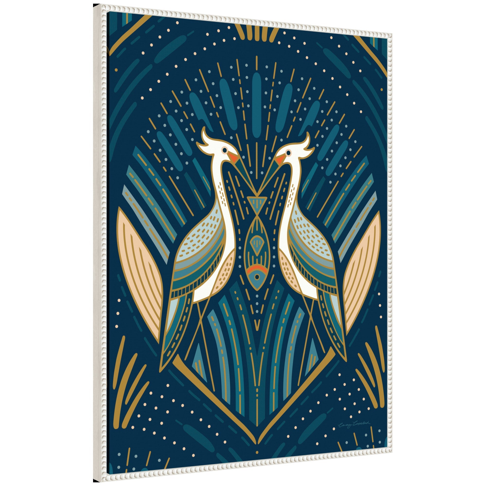 Sylvie Art Deco Herons Blue framed canvas art featuring abstract blue herons in vintage beaded frame