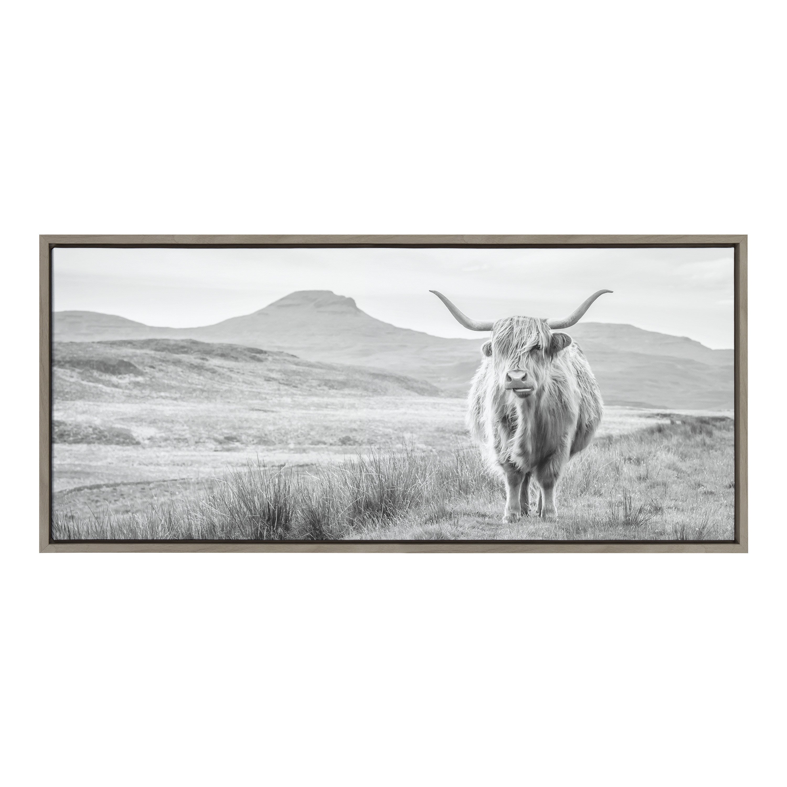 Sylvie Highland Cow Mountain Landscape Black and White Framed Canvas by