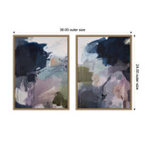 Two framed abstract canvas paintings side by side featuring layered brushstrokes in navy, gray, blush, and olive green with 38 by 24 inches outer dimensions.