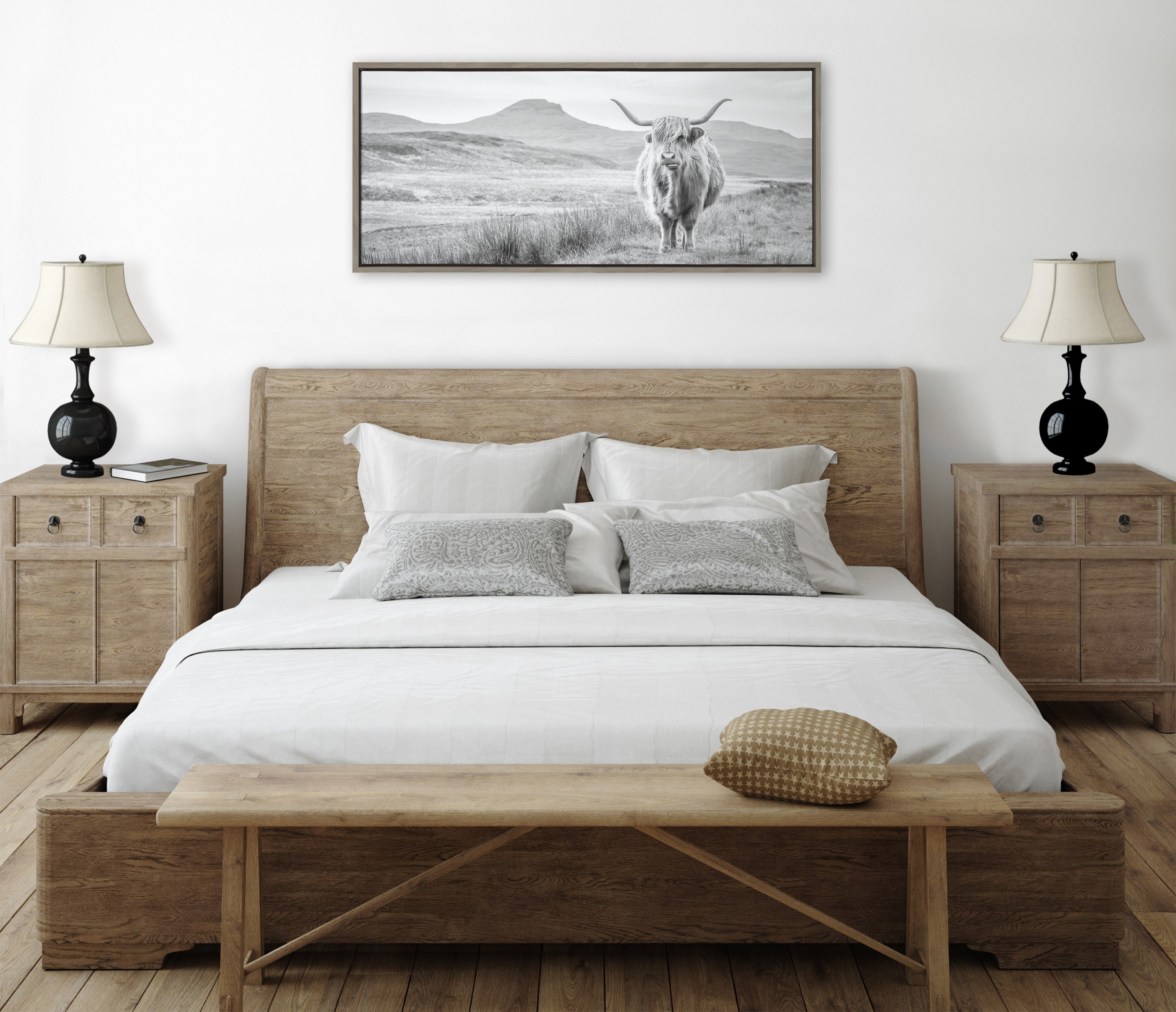 Sylvie Highland Cow Mountain Landscape Black and White Framed Canvas by by kateandlaurel - product image 9 for Resin Society
