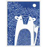 Linocut artwork of two stylized white bears with patterned bellies against a deep blue background featuring white leaf outlines and a full moon.