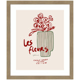 Minimalist line art of red flowers in a striped green vase with handwritten text 'Les fleurs' and small schedule details on beige background framed in light wood.