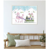 Framed canvas painting of a beaded pink poodle pulling a green sled loaded with pastel-wrapped presents and flowers, set against snowy mountains under a blue sky.