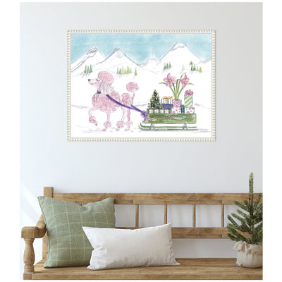 Sylvie Beaded Pink Poodle and Present Sled Framed Canvas by Patricia Shaw