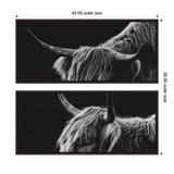 Two black and white framed canvases featuring close-up side views of Scottish Highland cows with long curved horns and shaggy hair against a black background.