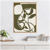 Abstract framed canvas with olive green floral shapes and white background, featuring overlapping curved petals and stems in a minimalist style.