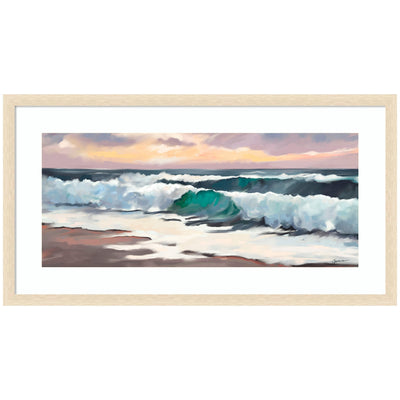 Framed print of ocean waves under sunset sky titled 'Roll Tide' by Mary Sparrow in Oliver White Narrow frame