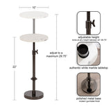Adjustable stand with two round white marble tabletops and a polished gunmetal metal base, height adjustable from 22 to 29.75 inches with a locking knob.