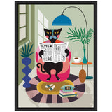 Stylized black cat with blue nose reading a newspaper while sitting in a pink chair in a green room with plants, a blue floor lamp, and a coffee cup on a side table.