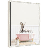 Framed canvas art depicting a baby zebra sitting in a vintage-style cottage rose bathtub surrounded by soft muted tones.