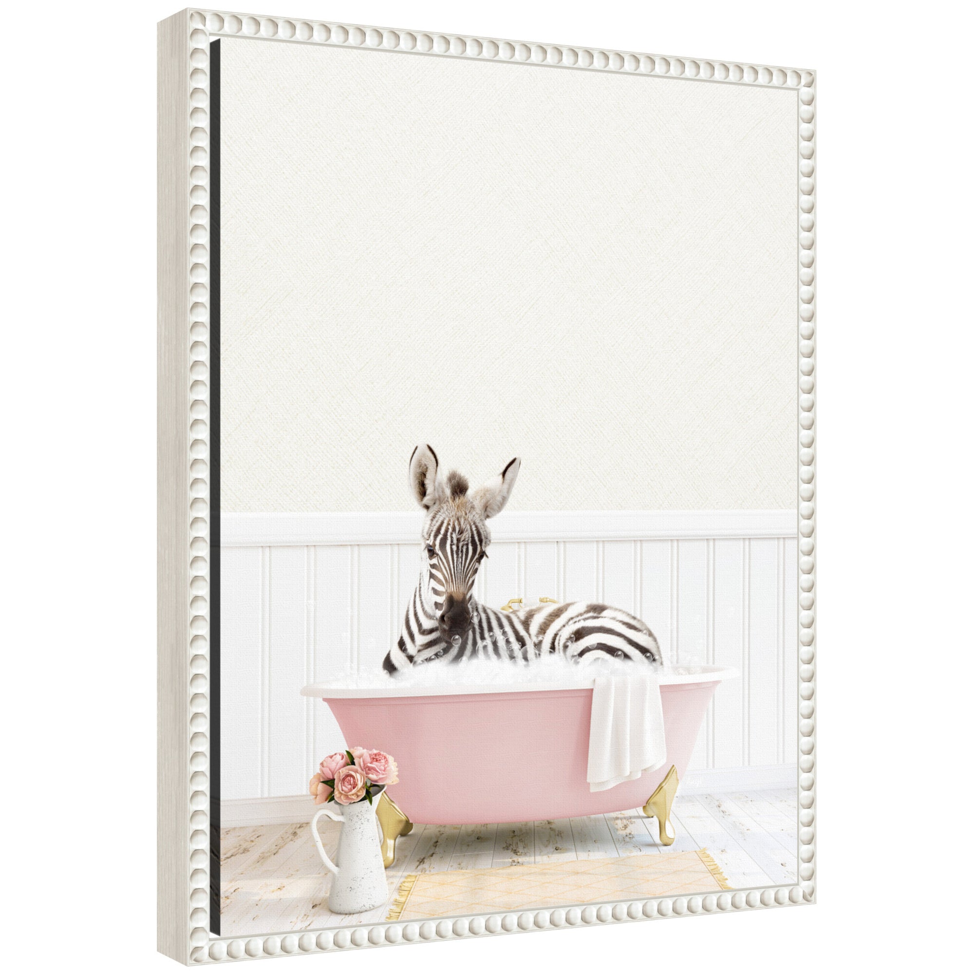 Framed canvas art depicting a baby zebra sitting in a vintage-style cottage rose bathtub surrounded by soft muted tones.