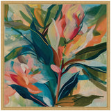 Abstract botanical painting with large teal, coral, and green leaves and flowers on neutral linen background, framed in light wood.