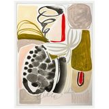 Abstract painting with organic shapes in mustard yellow, black, red, and beige, featuring bold brushstrokes and a spattered black circular pattern on a white background.