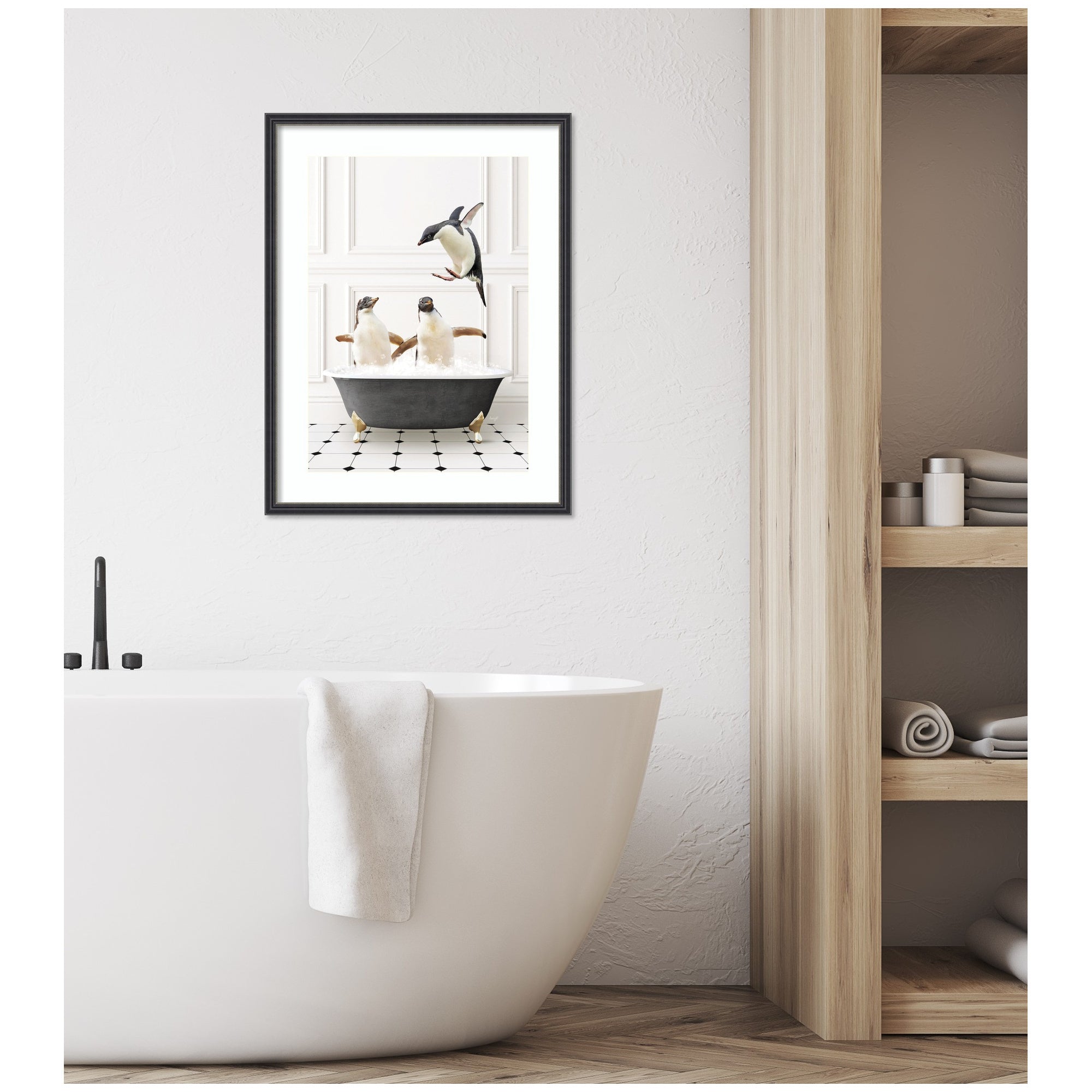 Penguins in Classic Black and White Bath by Amy Peterson Framed Wall Art Print