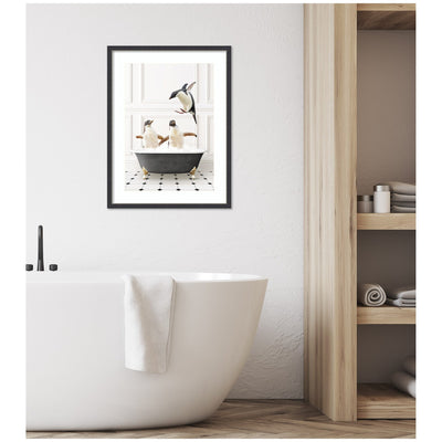 Penguins in Classic Black and White Bath by Amy Peterson Framed Wall Art Print