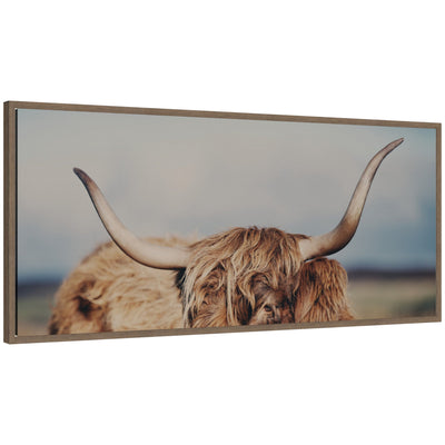 Framed canvas wall art close-up of a Highland cow with long curved horns and shaggy fur by Laura Evans