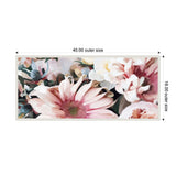 Close-up of framed canvas print featuring large pink and white flowers with green and muted background hues, measuring 40 by 18 inches.