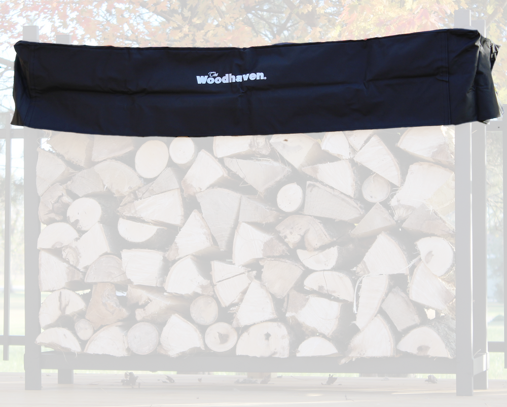 Woodhaven Short Firewood Rack Seasoning Cover in black on a firewood rack