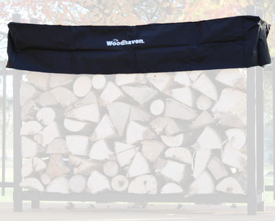 Woodhaven Short Firewood Rack Seasoning Cover in black on a firewood rack