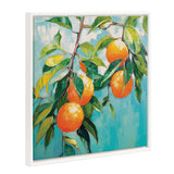 Framed canvas painting of a branch with four bright orange oranges and lush green leaves against a blue sky background, with bead-like white frame detailing.