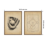 Two framed vintage baseball-themed canvases, one showing a detailed sketch of a glove holding a baseball, the other a minimalist baseball field diagram, both with sepia tones