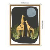 Stylized illustration of two yellow giraffes with brown spots standing among green leafy plants under a large pale blue moon on a dark gray background, framed in light wood.