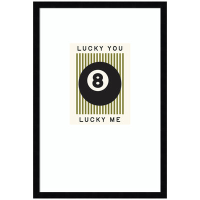 Lucky You Lucky Me Green Striped 8 Ball framed print showing an 8 ball with green stripes on black background