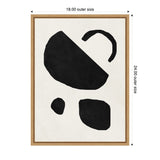 Abstract black geometric shapes with a half-circle, a large irregular shape, and two smaller irregular forms on a textured white background, framed in natural wood.