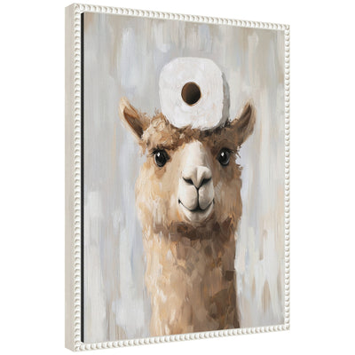 Framed canvas art depicting a cute alpaca head with a toilet paper roll balanced on it