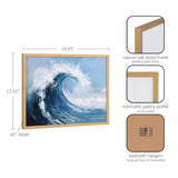 Abstract coastal painting of a curling ocean wave with white foam in shades of blue, framed in a gold-finished natural oak wood frame with minimalist gallery profile.