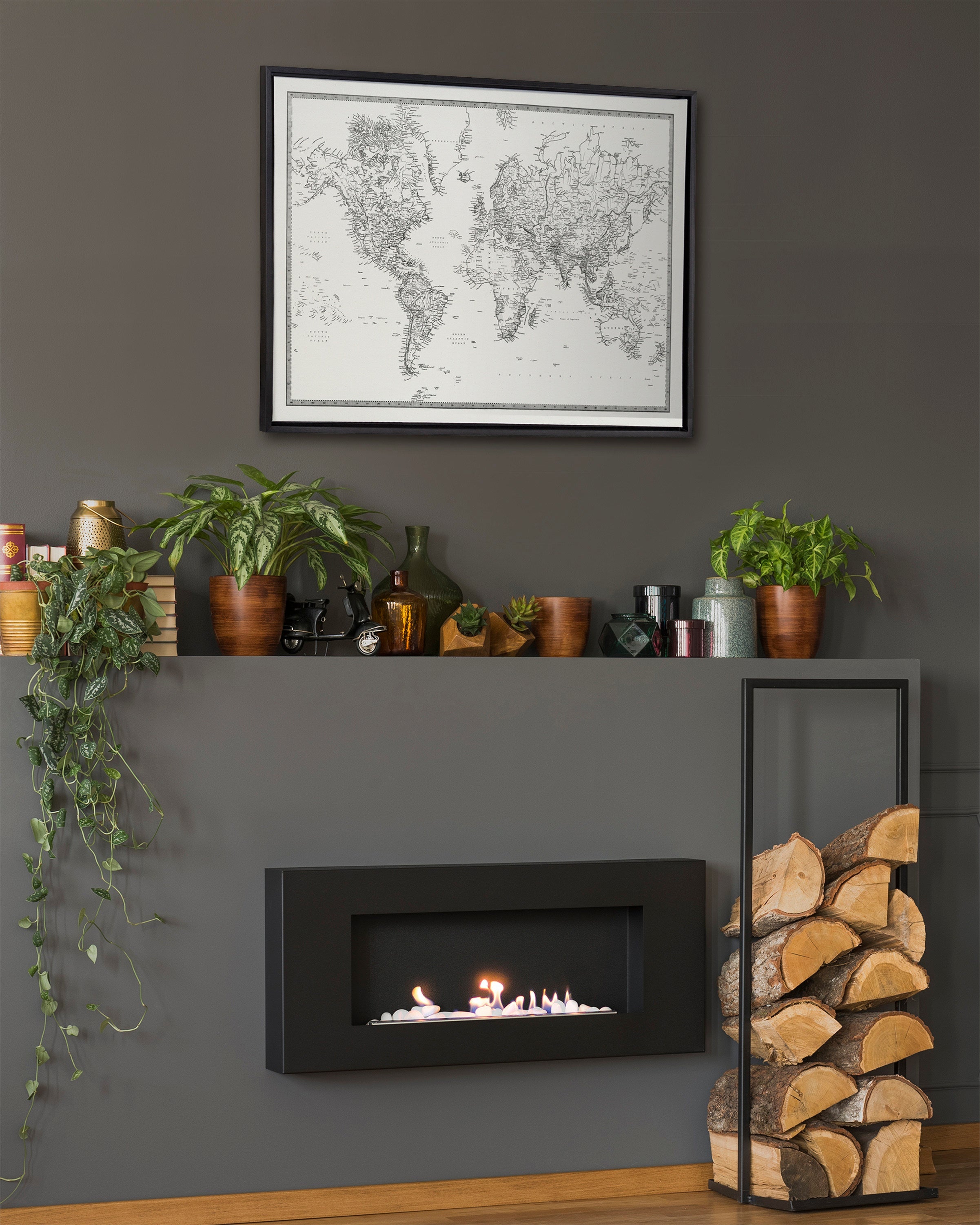 Sylvie Vintage Black and White World Map Framed Canvas by The Creative