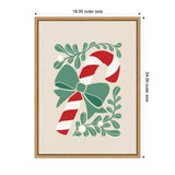 Red and white striped candy cane with a large green bow, surrounded by green mistletoe leaves and white berries, centered on a beige background in a wooden frame.