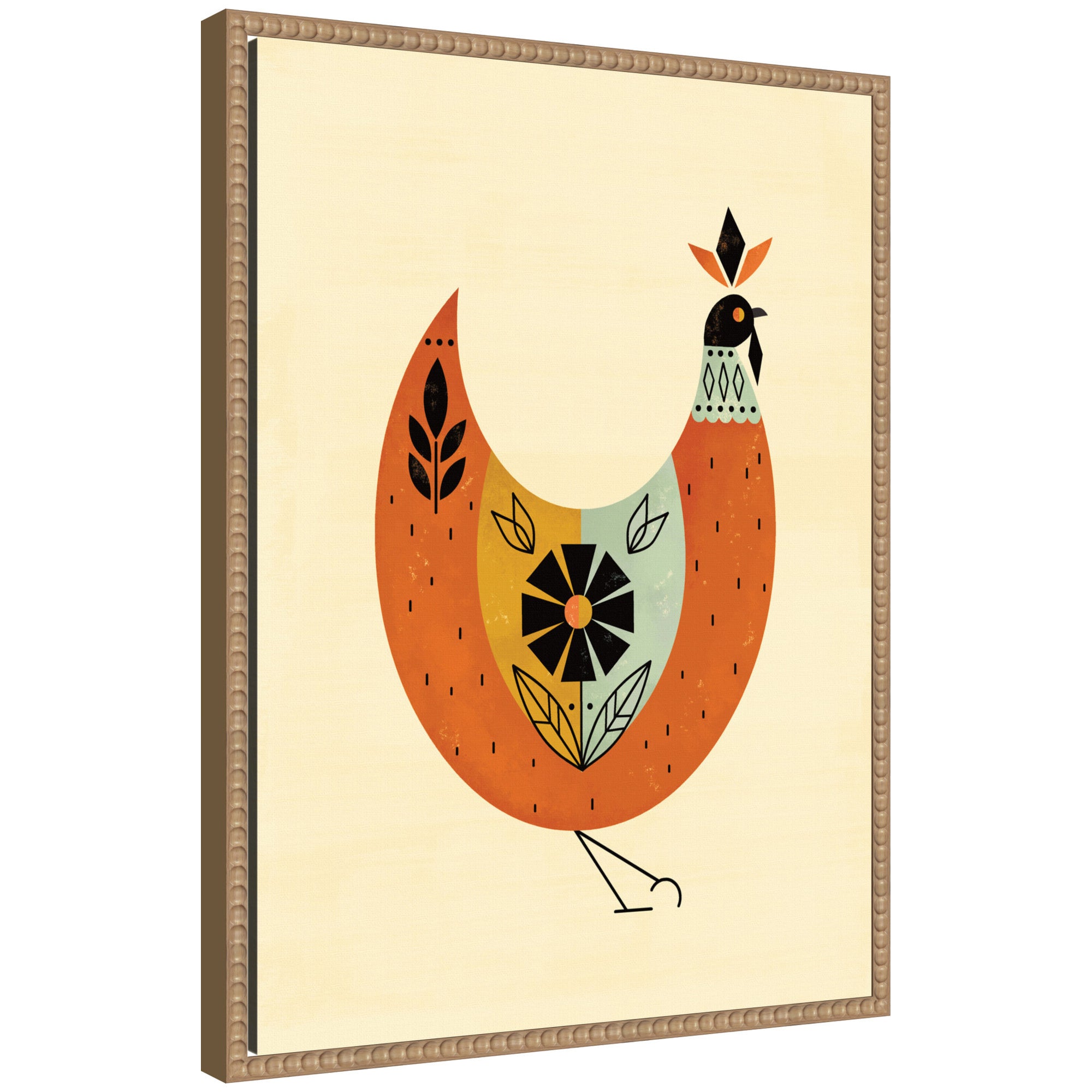 Sylvie Spring Chicken framed canvas art featuring a colorful chicken illustration in a vintage beaded polystyrene frame
