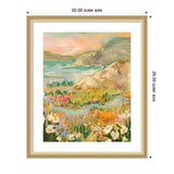 Impressionist landscape painting showing coastal cliffs with colorful wildflowers in the foreground and a soft pastel sky above, framed in light wood with white mat.