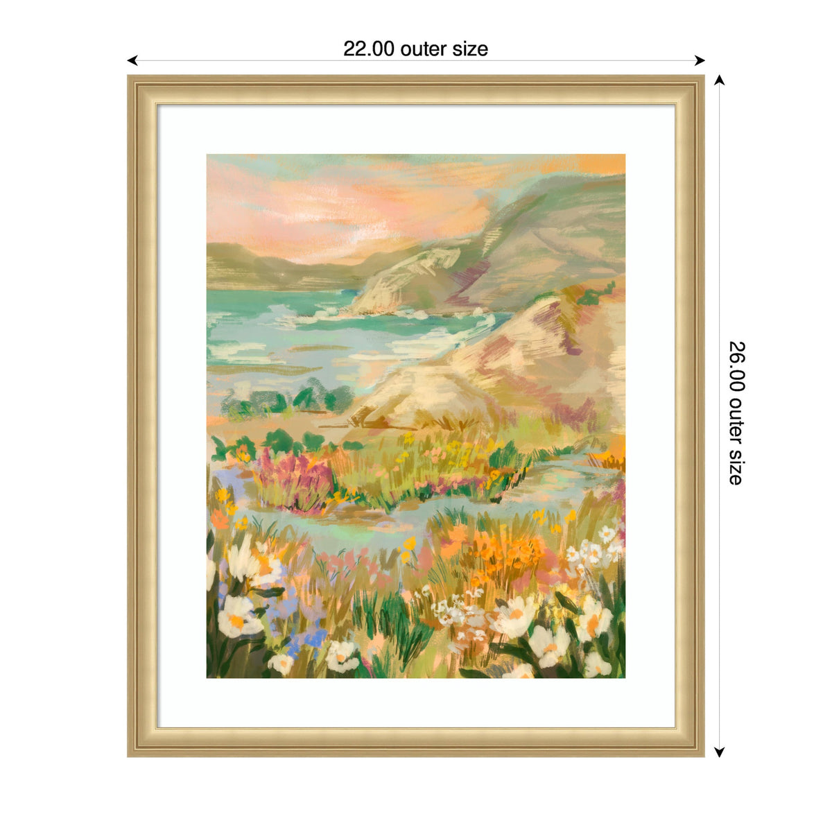 Impressionist landscape painting showing coastal cliffs with colorful wildflowers in the foreground and a soft pastel sky above, framed in light wood with white mat.