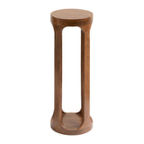 Tall cylindrical wooden drink table with a solid round top and base connected by three slender vertical supports forming open arches.