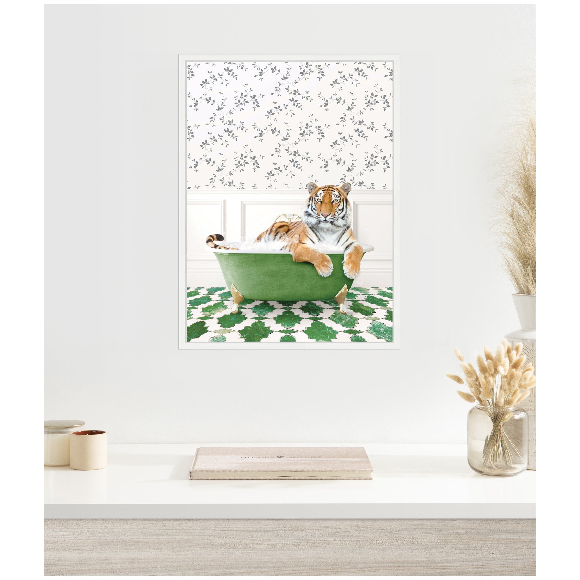 Sylvie Tiger in Eclectic Green Bathtub Framed Canvas