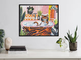 Colorful print of a cartoon tiger relaxing in an orange and black striped bathtub filled with bubbles, surrounded by green plants and pink background accents.